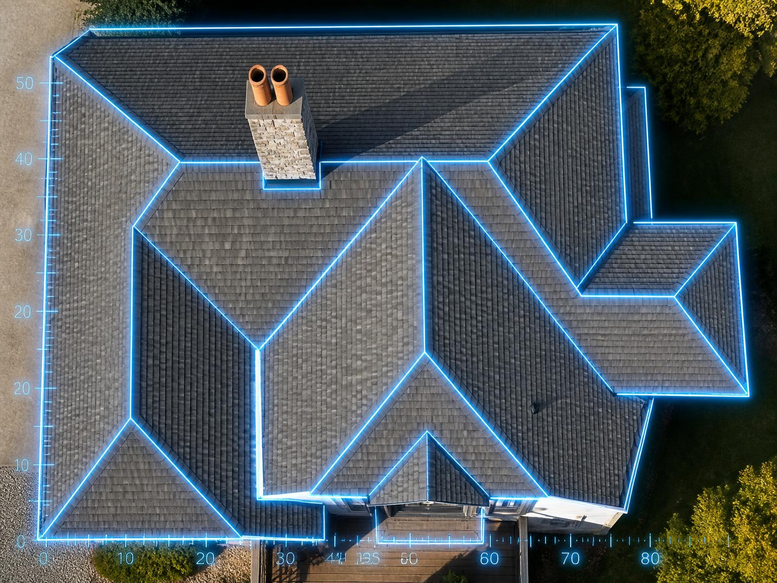 Aerial roof with glowing blue AI outline tracing each roof plane and measurement ticks